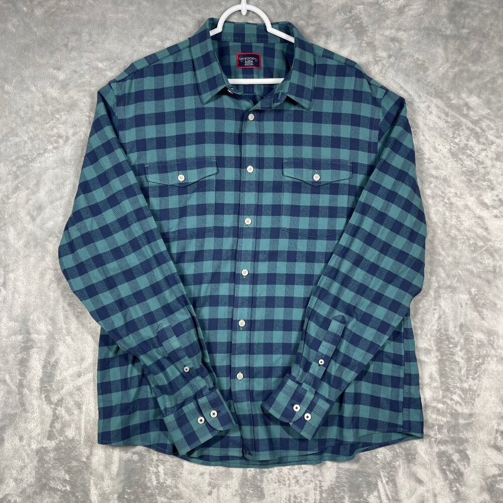 Untuckit Mens XL Wrinkle-Free Green & Navy Plaid Long Sleeve Button-Up Shirt